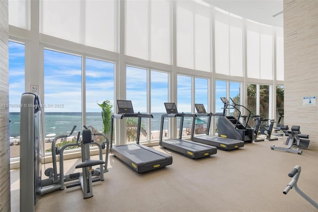 gym with a water view, floor to ceiling windows, a healthy amount of sunlight, and a towering ceiling
