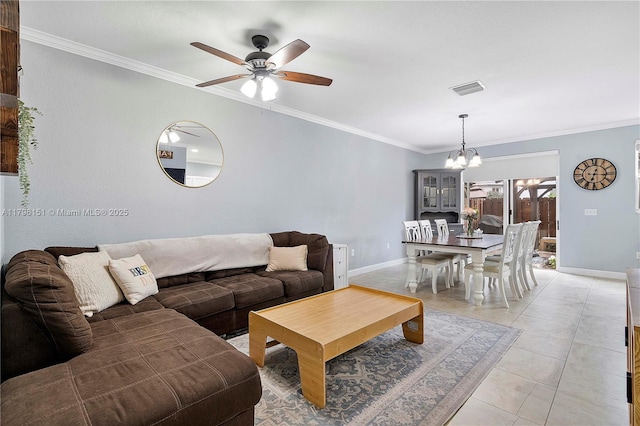 living room with visible vents, crown molding, baseboards, ceiling fan with notable chandelier, and light tile patterned floors