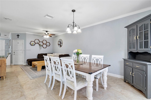 dining area with visible vents, ornamental molding, baseboards, and ceiling fan with notable chandelier
