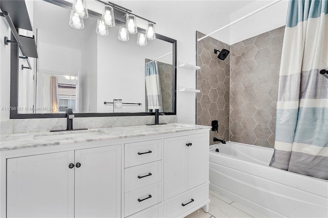 full bathroom featuring double vanity, shower / bath combination with curtain, and a sink