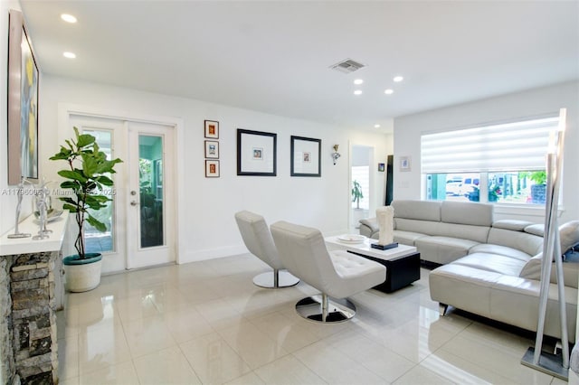 7691 NW 15th Ct, Pembroke Pines, FL 33024 - living room featuring recessed lighting, baseboards, light tile patterned floors, and french doors