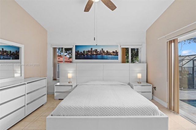 bedroom featuring access to outside, baseboards, a ceiling fan, and light tile patterned floors