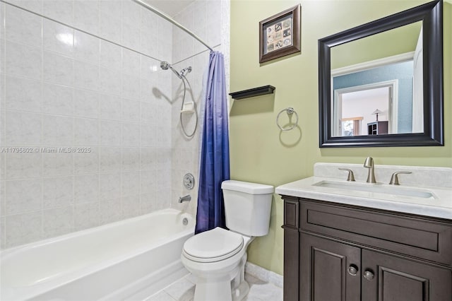 full bath featuring tile patterned flooring, vanity, toilet, shower / bathtub combination with curtain, and baseboards
