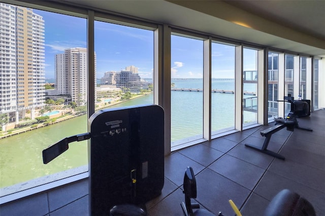 workout area featuring a view of city and a water view
