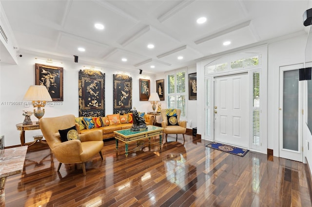 living room featuring recessed lighting, coffered ceiling, beam ceiling, and hardwood / wood-style flooring