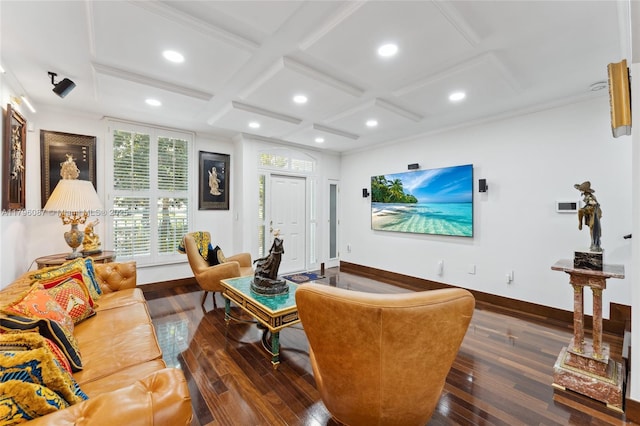 living room with wood-type flooring, recessed lighting, baseboards, and coffered ceiling