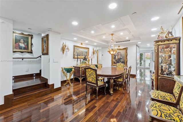 dining space with baseboards, recessed lighting, wood finished floors, and visible vents