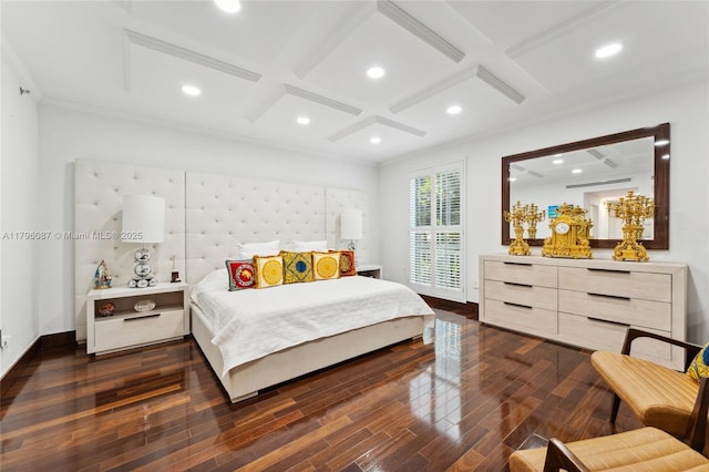 bedroom with dark wood-style flooring, beam ceiling, recessed lighting, baseboards, and coffered ceiling