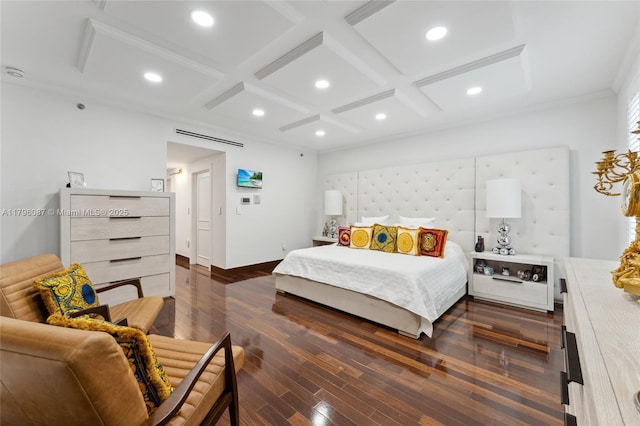 bedroom featuring dark wood-type flooring, recessed lighting, coffered ceiling, and beam ceiling