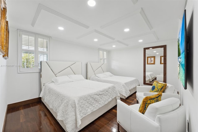 bedroom featuring recessed lighting, baseboards, coffered ceiling, and dark wood-type flooring