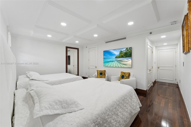 bedroom with baseboards, beamed ceiling, coffered ceiling, recessed lighting, and dark wood-type flooring