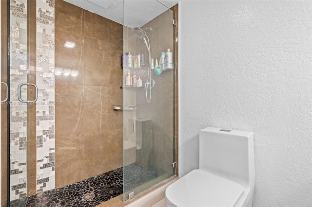 301 NE 14th Ave Unit 207, Hallandale Beach, FL 33009 - bathroom featuring a shower stall, a textured wall, and toilet