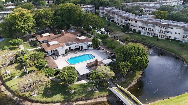 birds eye view of property featuring a water view