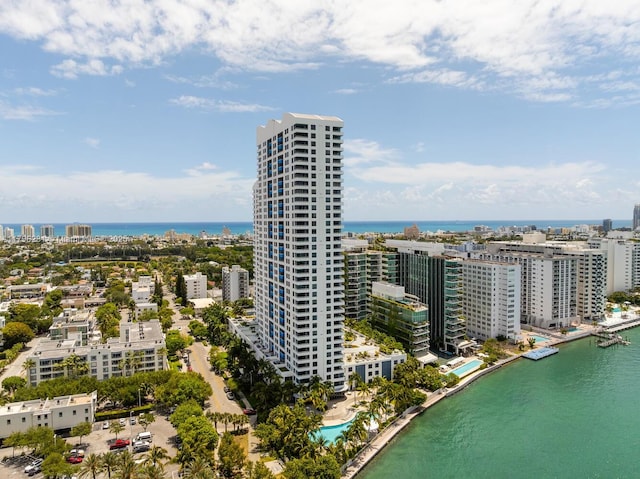 bird's eye view featuring a water view and a city view