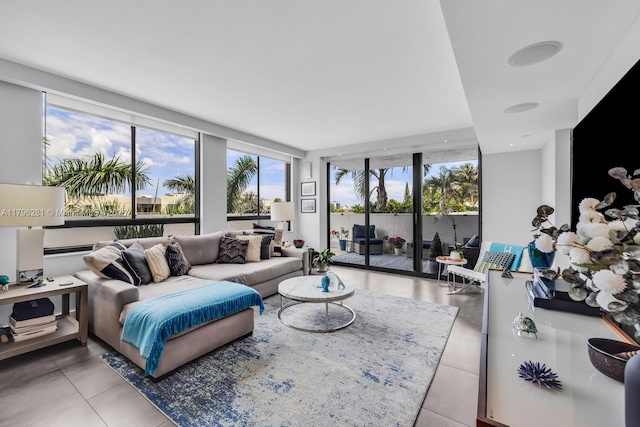 living area featuring tile patterned floors