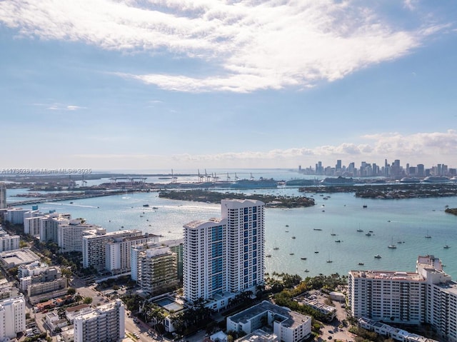 bird's eye view featuring a view of city and a water view