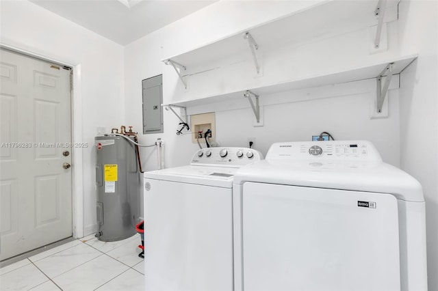 laundry room with laundry area, independent washer and dryer, electric panel, and electric water heater