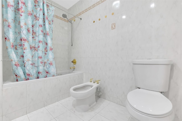 full bath featuring tile walls, toilet, tiled shower / bath combo, and a bidet