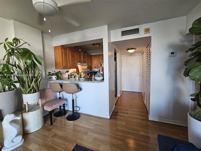 1035 W Ave Unit 406, Miami Beach, FL 33139 - kitchen with brown cabinets, wood finished floors, under cabinet range hood, ceiling fan, and light countertops