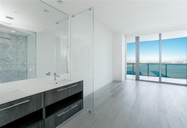 bathroom featuring a wall of windows, vanity, baseboards, wood finished floors, and visible vents