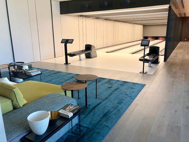 interior space featuring a bowling alley and wood finished floors
