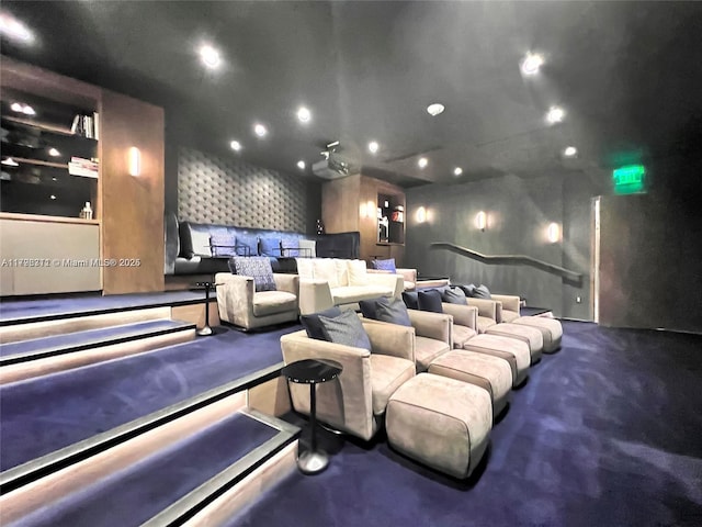 home theater room with recessed lighting and carpet flooring