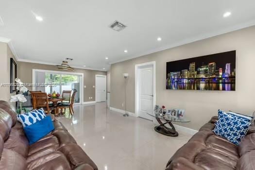 tiled living area with recessed lighting, baseboards, visible vents, and ornamental molding