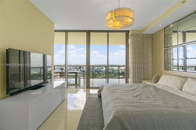 tiled bedroom with access to outside, a water view, and expansive windows