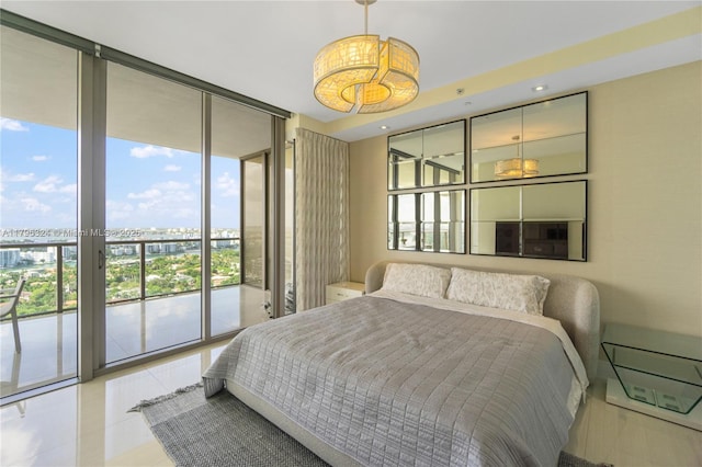 bedroom featuring access to outside, floor to ceiling windows, and light tile patterned floors