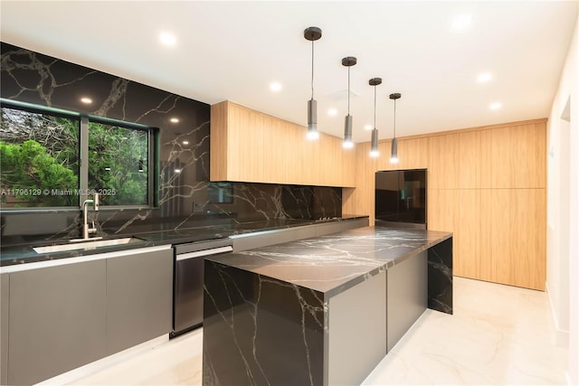 kitchen with stainless steel dishwasher, refrigerator, a sink, and modern cabinets