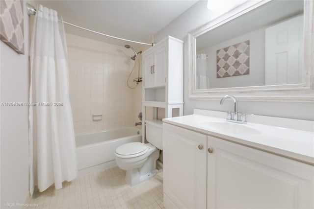 bathroom with shower / tub combo with curtain, vanity, toilet, and tile patterned flooring
