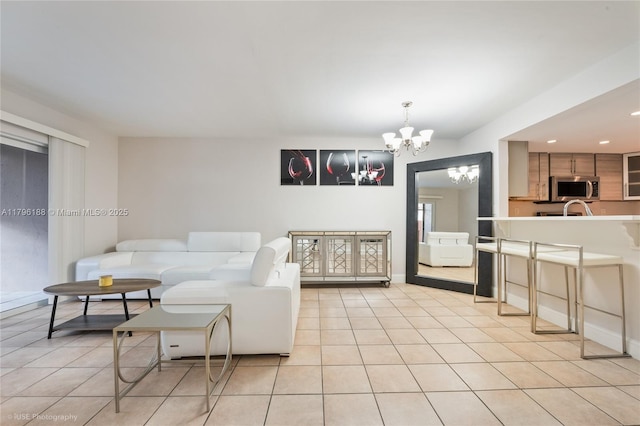 living room with recessed lighting, an inviting chandelier, and light tile patterned flooring