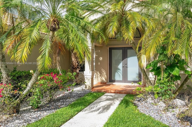 doorway to property with stucco siding and french doors