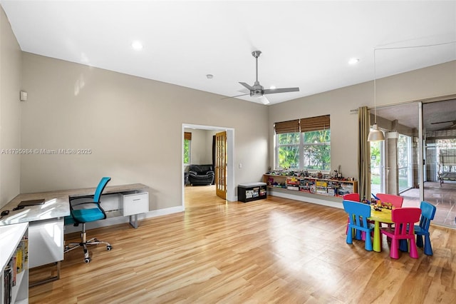 office with baseboards, recessed lighting, light wood finished floors, and ceiling fan