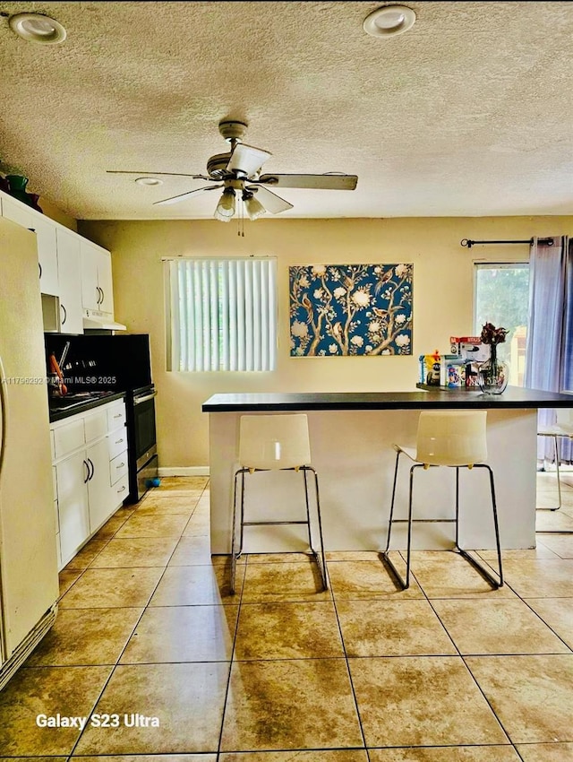 5706 Simms St, Hollywood, FL 33021 - kitchen with freestanding refrigerator, white cabinetry, a textured ceiling, a ceiling fan, and dark countertops
