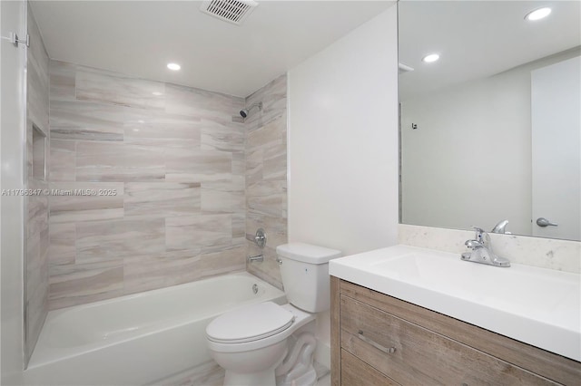 full bathroom featuring toilet, washtub / shower combination, visible vents, vanity, and recessed lighting