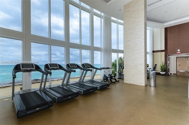 workout area featuring a high ceiling and ornate columns