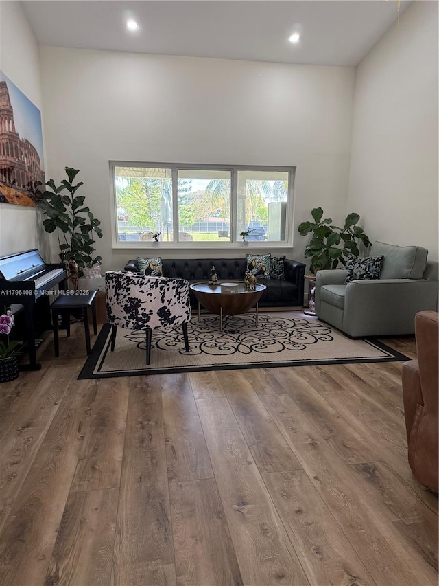 living area with wood-type flooring and recessed lighting