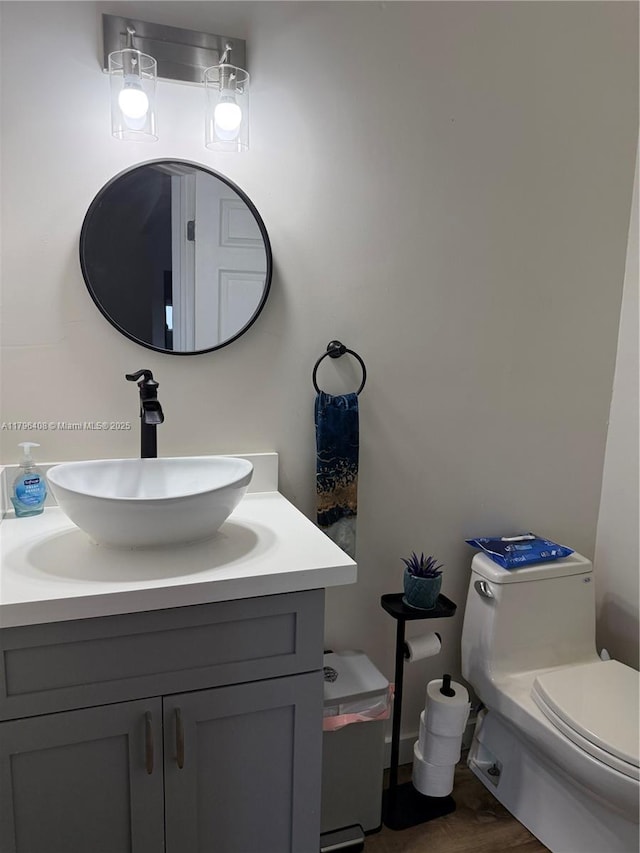 bathroom featuring vanity, wood finished floors, and toilet