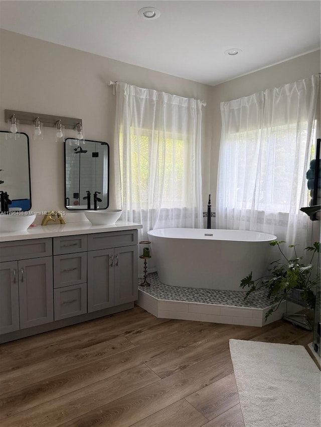 bathroom featuring double vanity, a freestanding tub, a sink, and wood finished floors