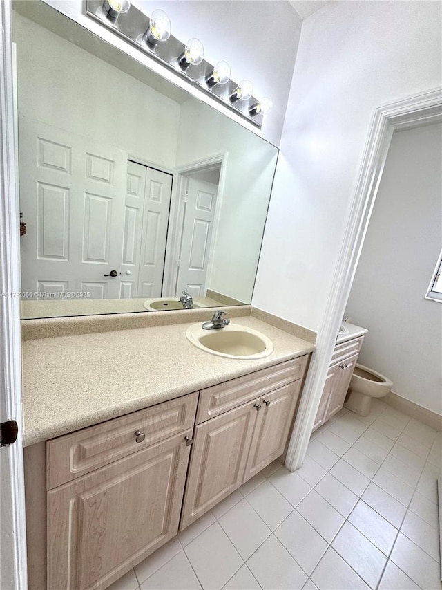 bathroom with tile patterned flooring, toilet, and vanity