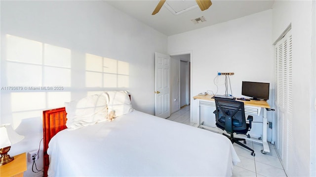18231 SW 90th Ct, Palmetto Bay, FL 33157 - bedroom with light tile patterned floors, visible vents, and a ceiling fan