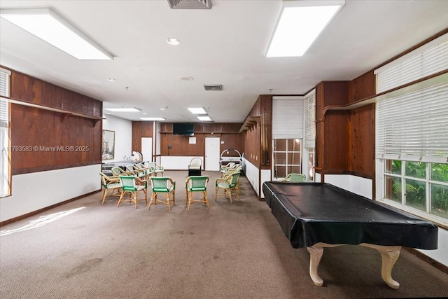 4000 Towerside Ter Unit 704, Miami, FL 33138 - recreation room featuring wood walls, visible vents, pool table, and carpet floors