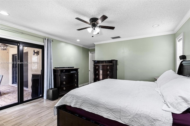 11377 NW 21st Ct, Coral Springs, FL 33071 - bedroom featuring wood finished floors, access to exterior, ornamental molding, a ceiling fan, and recessed lighting