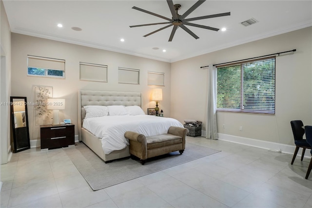 bedroom featuring a ceiling fan, crown molding, visible vents, baseboards, and recessed lighting