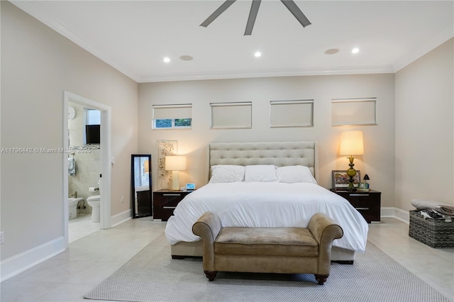 bedroom with ornamental molding, ensuite bath, light tile patterned floors, and recessed lighting