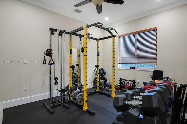 exercise area featuring a ceiling fan, visible vents, baseboards, ornamental molding, and recessed lighting