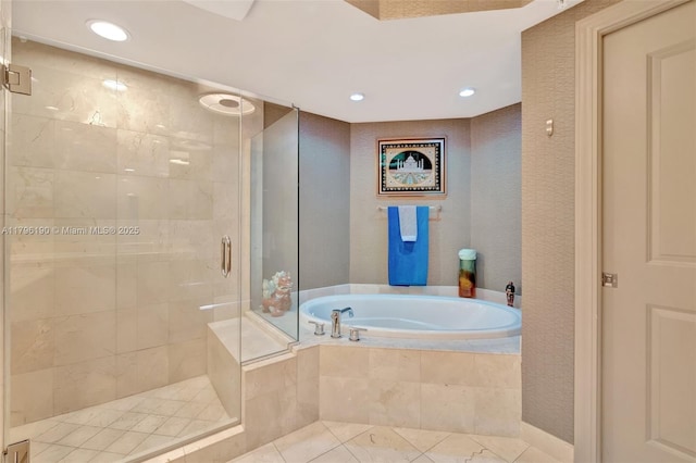 bathroom with a stall shower, tile patterned flooring, a bath, and recessed lighting