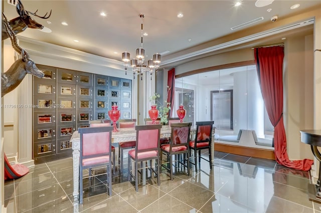 dining room featuring recessed lighting, tile patterned floors, a chandelier, and visible vents