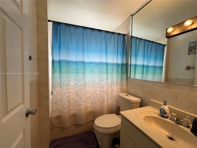 full bathroom with toilet, tile walls, shower / bathtub combination with curtain, tasteful backsplash, and vanity
